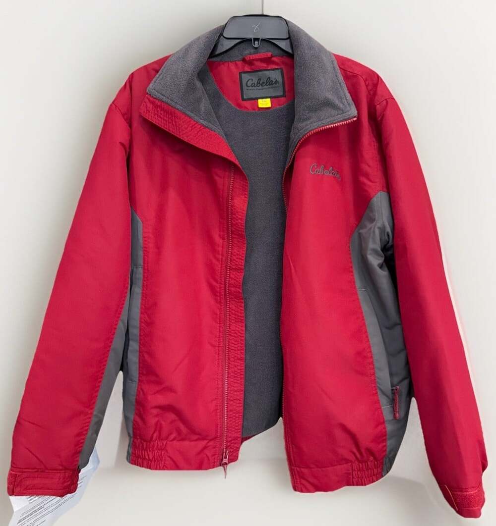 Cabelas Mens S/P Red/Gray Jacket Fleece Lining Mock Turtleneck Meas.in Pics👀